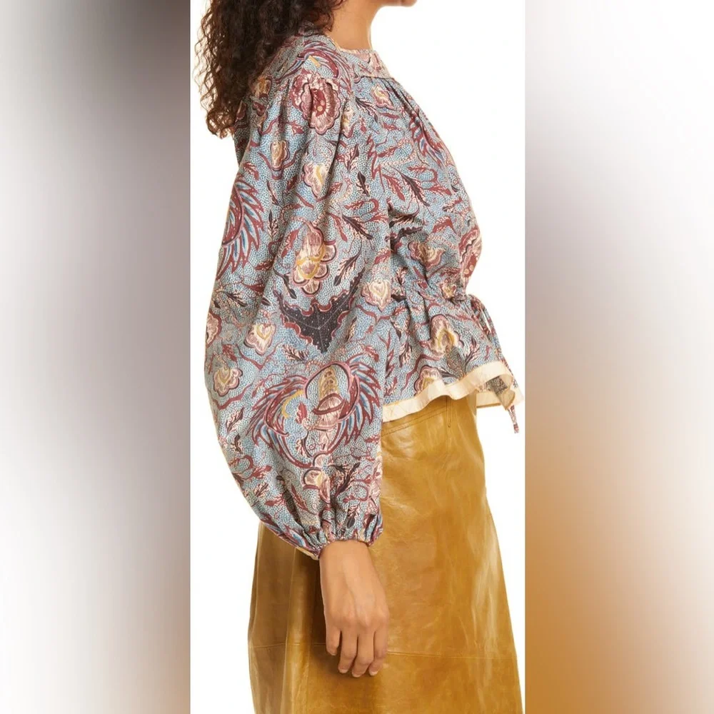 NWT Ulla Johnson Slate blue/grey red Mireya peplum cotton blouse
